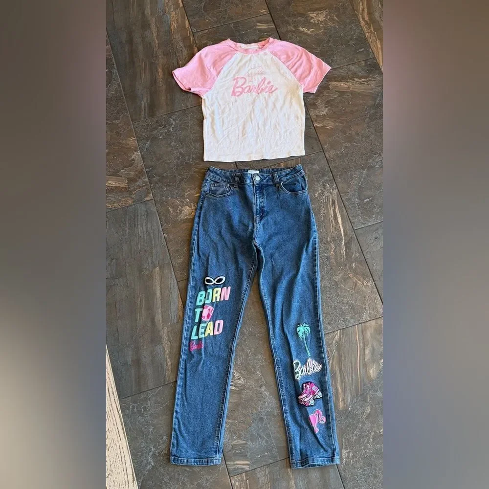 Barbie Jeans & T shirt (size sm) Screen Printed Denim Logos Girls Size 16